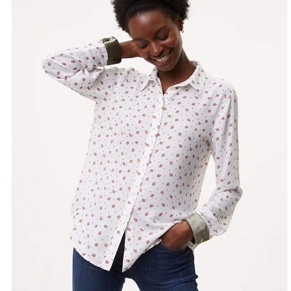 LOFT Mistletoe Holly Print Button Front Blouse Velvet Cuffs
